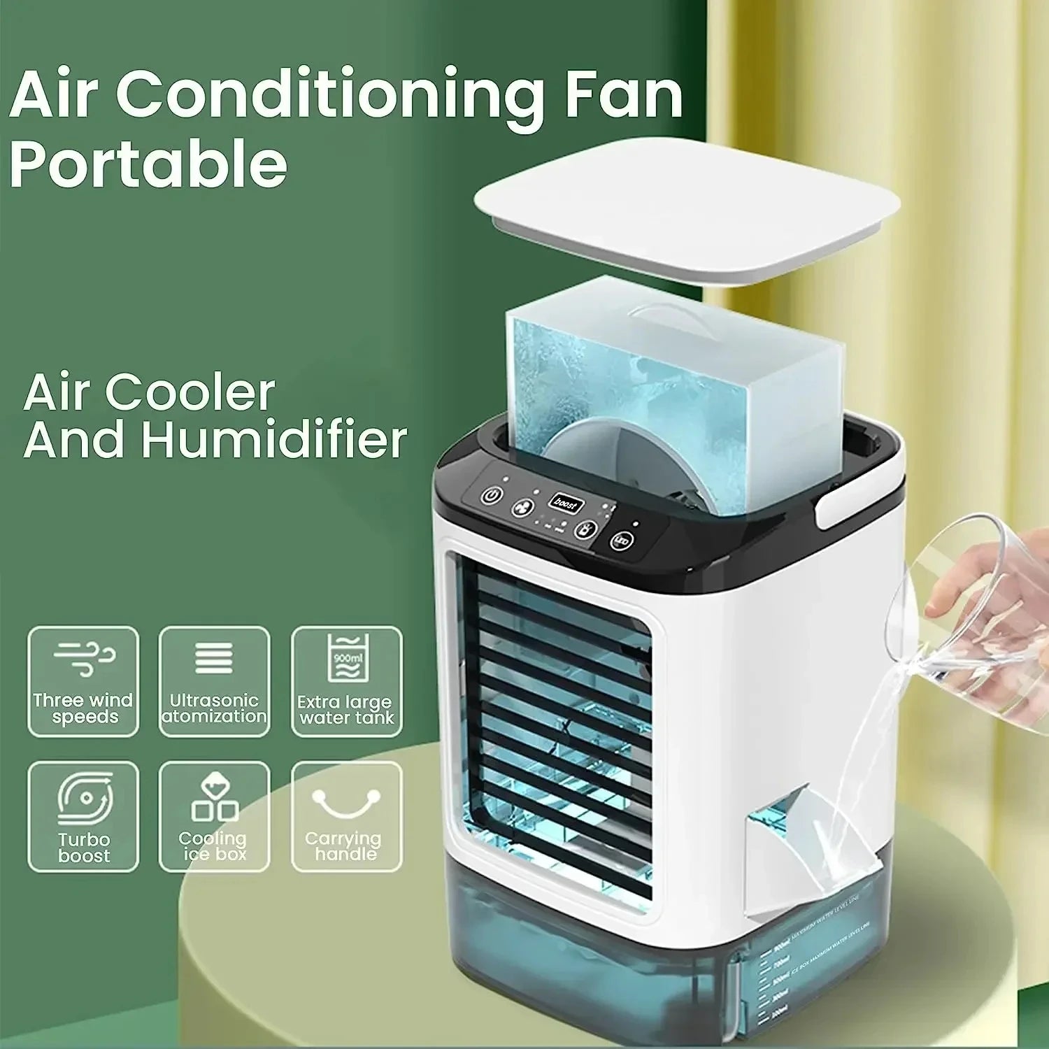 Portable Mini Air Cooler – 3 Speed USB Air Conditioner with 900ML Water Tank